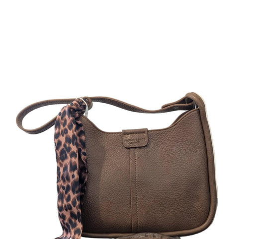 Brown Leather Shoulder Bag with Leapord Print Scarf Accent